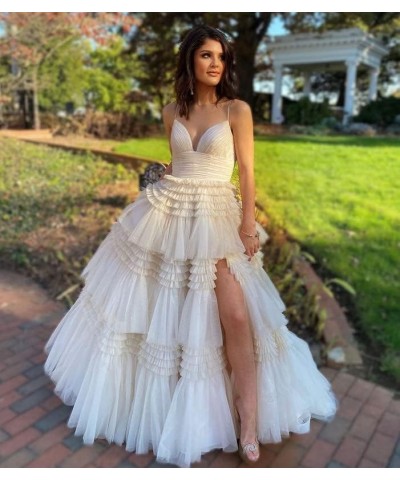 Women's Tiered Tulle Prom Dresses Long Ball Gown with Slit Spaghetti Straps Formal Evening Dress Light Blue $34.50 Dresses