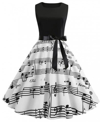 Women's Vintage Musical Note Sheet Music Print Dress 50's V Neck Sleeveless Cocktail Swing Bow-Knot Belted Dresses Black $8.3...