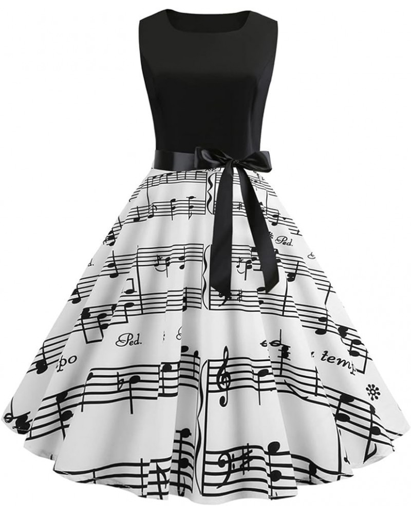 Women's Vintage Musical Note Sheet Music Print Dress 50's V Neck Sleeveless Cocktail Swing Bow-Knot Belted Dresses Black $8.3...