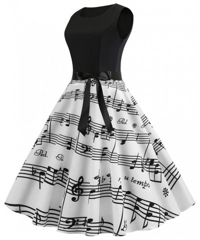 Women's Vintage Musical Note Sheet Music Print Dress 50's V Neck Sleeveless Cocktail Swing Bow-Knot Belted Dresses Black $8.3...