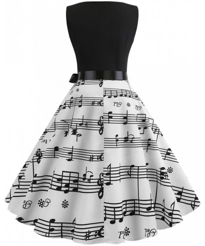 Women's Vintage Musical Note Sheet Music Print Dress 50's V Neck Sleeveless Cocktail Swing Bow-Knot Belted Dresses Black $8.3...