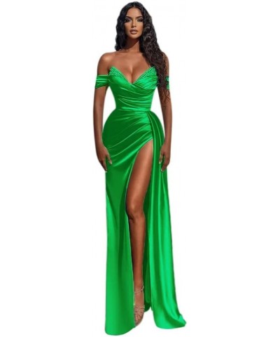 Off Shoulder Mermaid Prom Dresses Satin Ball Gowns with Long Slit Beaded Formal Evening Party Gowns Green $34.04 Dresses