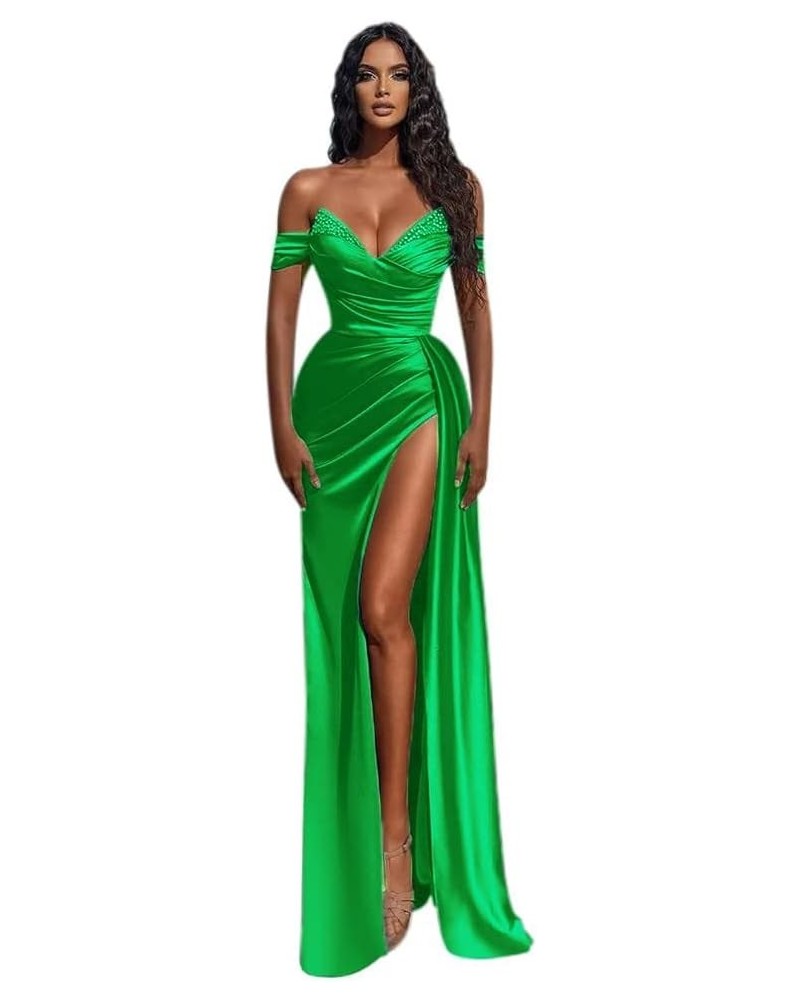 Off Shoulder Mermaid Prom Dresses Satin Ball Gowns with Long Slit Beaded Formal Evening Party Gowns Green $34.04 Dresses