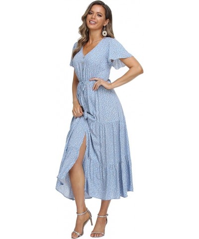 Women's Floral Maxi Dress Short Sleeve Midi Dress Summer Boho Dresses V-Neck Ruffle Swing Flowy Beach Party Dress with Slit B...