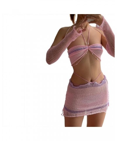 Women Y2k Crochet Two Piece Outfit, Knit Skirt Set, Hollow Out Knit Crop Top Bodycon Skirt Set Beachwear Clubwear Pink $11.96...