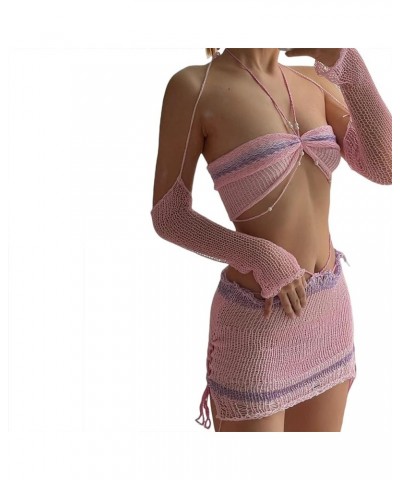 Women Y2k Crochet Two Piece Outfit, Knit Skirt Set, Hollow Out Knit Crop Top Bodycon Skirt Set Beachwear Clubwear Pink $11.96...