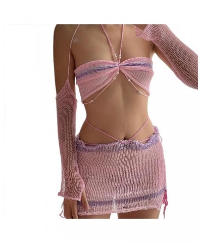 Women Y2k Crochet Two Piece Outfit, Knit Skirt Set, Hollow Out Knit Crop Top Bodycon Skirt Set Beachwear Clubwear Pink $11.96...