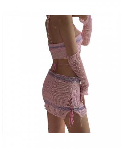 Women Y2k Crochet Two Piece Outfit, Knit Skirt Set, Hollow Out Knit Crop Top Bodycon Skirt Set Beachwear Clubwear Pink $11.96...