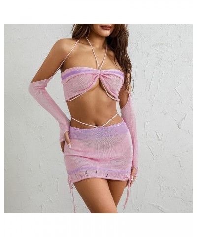 Women Y2k Crochet Two Piece Outfit, Knit Skirt Set, Hollow Out Knit Crop Top Bodycon Skirt Set Beachwear Clubwear Pink $11.96...