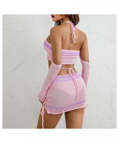 Women Y2k Crochet Two Piece Outfit, Knit Skirt Set, Hollow Out Knit Crop Top Bodycon Skirt Set Beachwear Clubwear Pink $11.96...