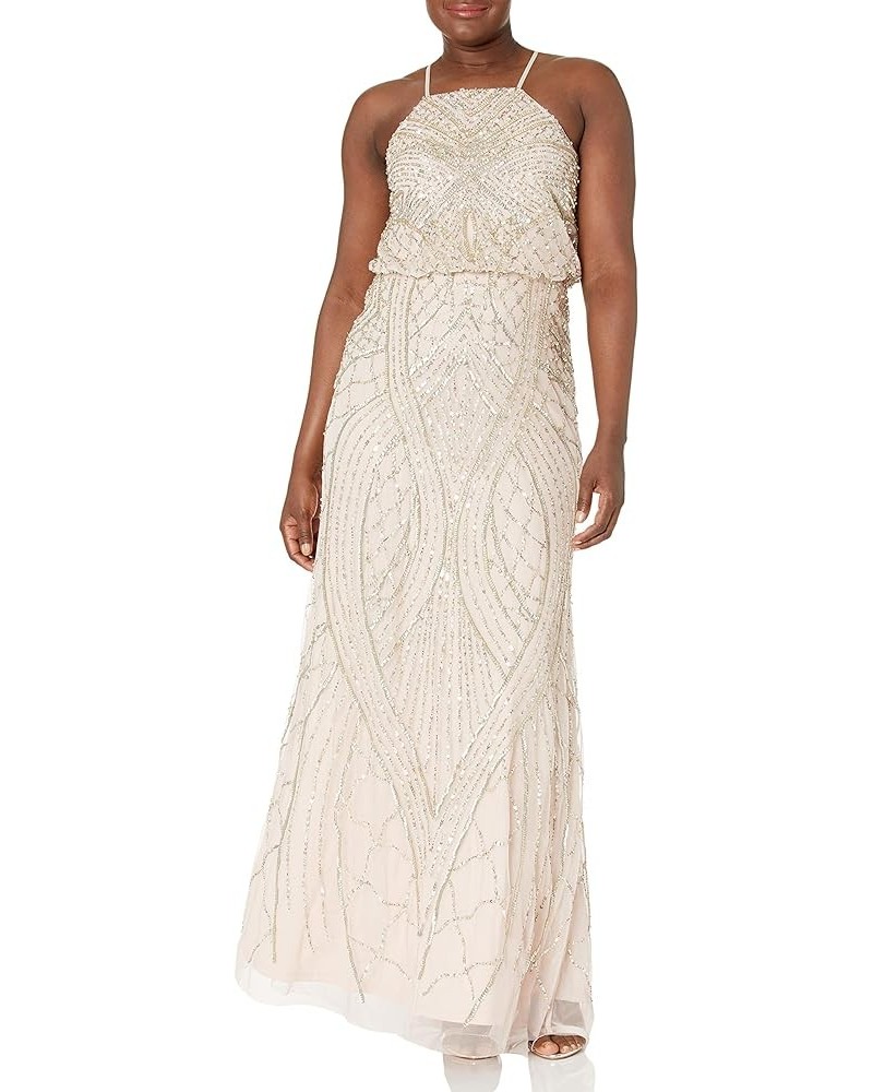 Women's Halter Fully Beaded Blouson Gown Shell $104.64 Dresses