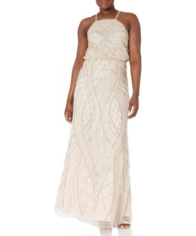 Women's Halter Fully Beaded Blouson Gown Shell $104.64 Dresses