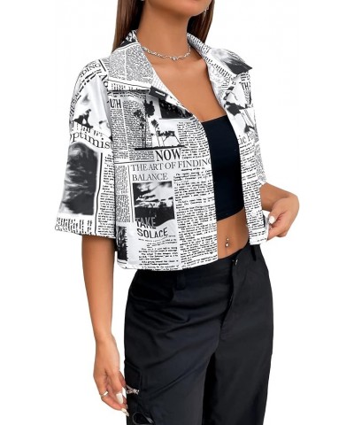 Women's Figure Print Button Down Shirt Graphic Pattern Short Sleeve Crop Tops Casual Blouses Black Newspaper Print $11.79 Blo...