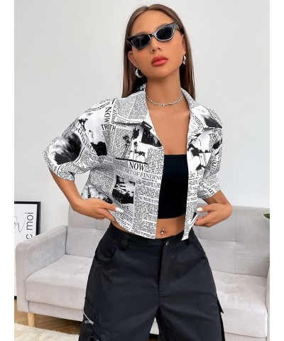 Women's Figure Print Button Down Shirt Graphic Pattern Short Sleeve Crop Tops Casual Blouses Black Newspaper Print $11.79 Blo...