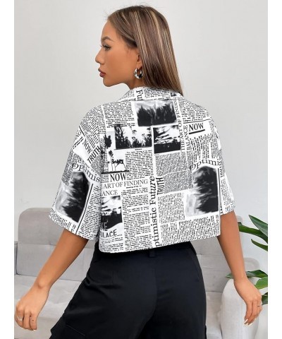 Women's Figure Print Button Down Shirt Graphic Pattern Short Sleeve Crop Tops Casual Blouses Black Newspaper Print $11.79 Blo...