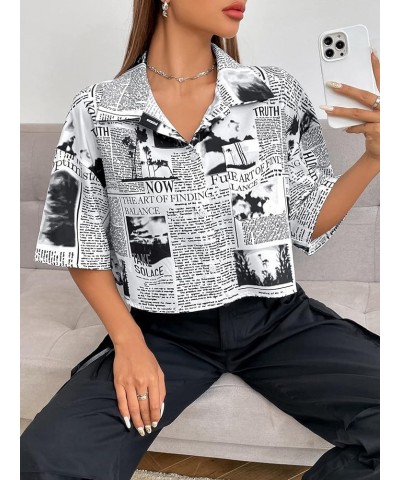 Women's Figure Print Button Down Shirt Graphic Pattern Short Sleeve Crop Tops Casual Blouses Black Newspaper Print $11.79 Blo...