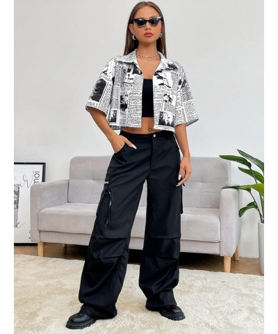 Women's Figure Print Button Down Shirt Graphic Pattern Short Sleeve Crop Tops Casual Blouses Black Newspaper Print $11.79 Blo...