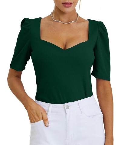 Women's Square V Neck Puff Short Sleeve Knit Summer Elegant T-Shirt Tops Solid Dark Green $14.10 T-Shirts