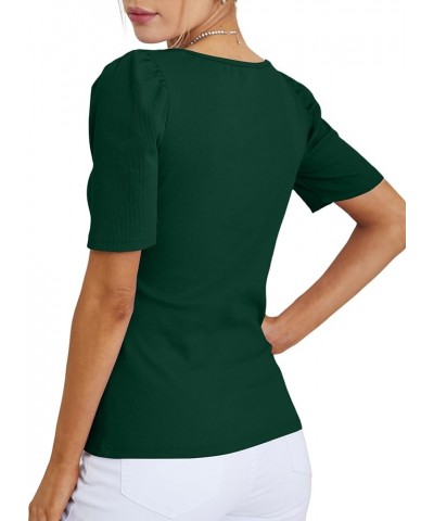 Women's Square V Neck Puff Short Sleeve Knit Summer Elegant T-Shirt Tops Solid Dark Green $14.10 T-Shirts