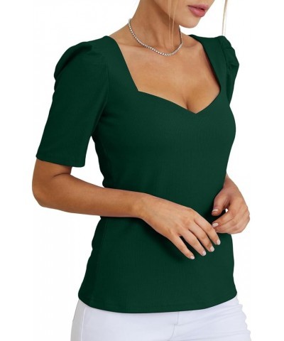 Women's Square V Neck Puff Short Sleeve Knit Summer Elegant T-Shirt Tops Solid Dark Green $14.10 T-Shirts