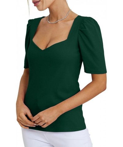 Women's Square V Neck Puff Short Sleeve Knit Summer Elegant T-Shirt Tops Solid Dark Green $14.10 T-Shirts