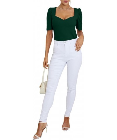 Women's Square V Neck Puff Short Sleeve Knit Summer Elegant T-Shirt Tops Solid Dark Green $14.10 T-Shirts