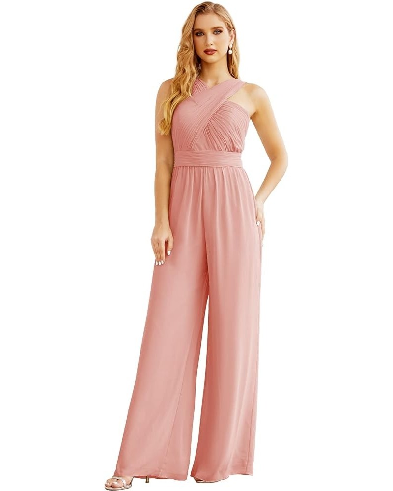 Crisscross Neck Jumpsuit Formal Evening Dress Long Bridesmaid Dresses Bell-bottomed Pants Ballet Pink $54.00 Dresses