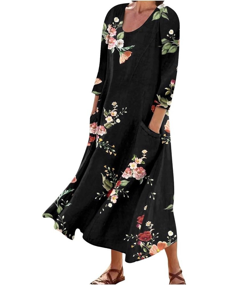 Vacation Dresses for Women Soft 3/4 Sleeve Floaty Popular Loose Linen Comfort Flower Print Women Dresses 05 Black $9.36 Activ...