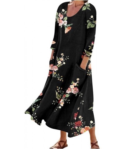 Vacation Dresses for Women Soft 3/4 Sleeve Floaty Popular Loose Linen Comfort Flower Print Women Dresses 05 Black $9.36 Activ...