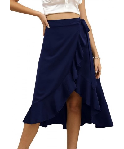 Women's Boho Floral Print Wrap Front Self Tie Knot Ruffle Hem Split Midi Skirt Solid Navy $12.80 Skirts