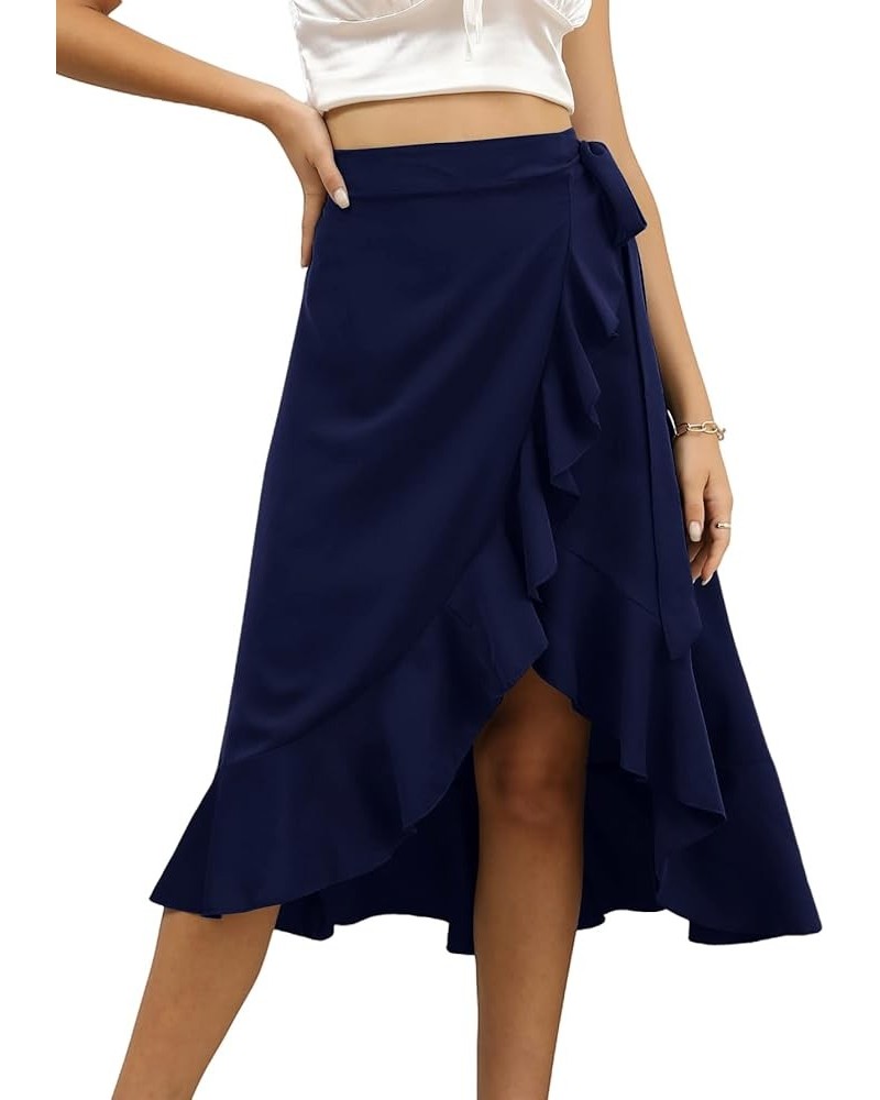 Women's Boho Floral Print Wrap Front Self Tie Knot Ruffle Hem Split Midi Skirt Solid Navy $12.80 Skirts