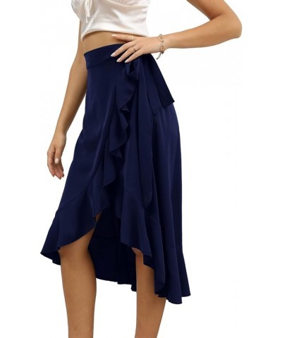 Women's Boho Floral Print Wrap Front Self Tie Knot Ruffle Hem Split Midi Skirt Solid Navy $12.80 Skirts