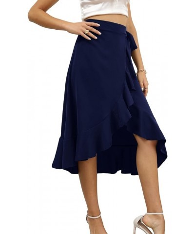 Women's Boho Floral Print Wrap Front Self Tie Knot Ruffle Hem Split Midi Skirt Solid Navy $12.80 Skirts