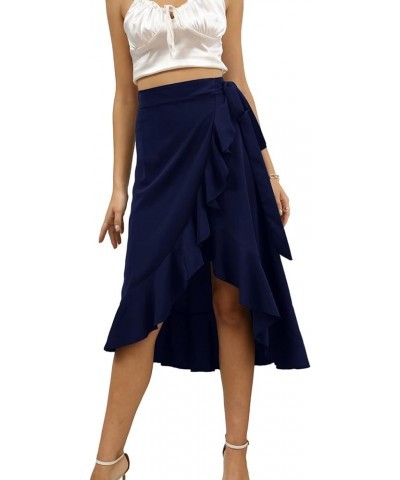 Women's Boho Floral Print Wrap Front Self Tie Knot Ruffle Hem Split Midi Skirt Solid Navy $12.80 Skirts