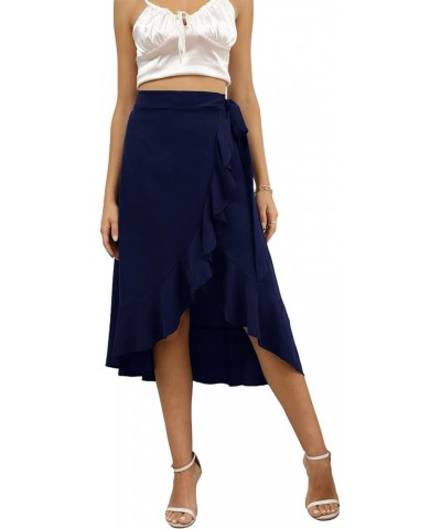 Women's Boho Floral Print Wrap Front Self Tie Knot Ruffle Hem Split Midi Skirt Solid Navy $12.80 Skirts