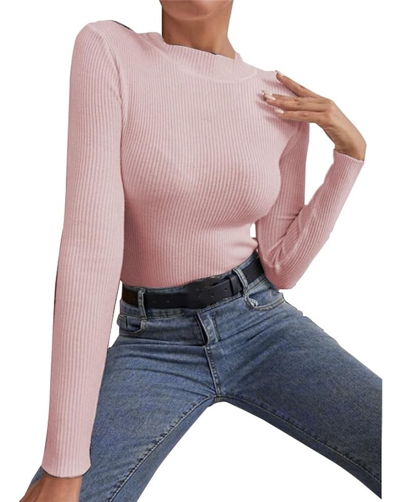 Long Sleeve Shirts for Women Fall and Winter Solid Color Knit Shirt Round Neck Stripe Slim Fitting Warm Versatile Pink-1 $4.3...