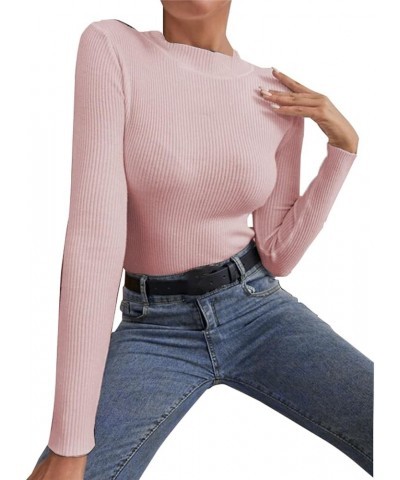 Long Sleeve Shirts for Women Fall and Winter Solid Color Knit Shirt Round Neck Stripe Slim Fitting Warm Versatile Pink-1 $4.3...