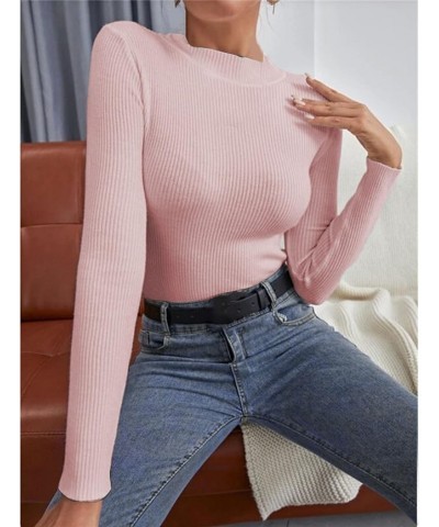 Long Sleeve Shirts for Women Fall and Winter Solid Color Knit Shirt Round Neck Stripe Slim Fitting Warm Versatile Pink-1 $4.3...