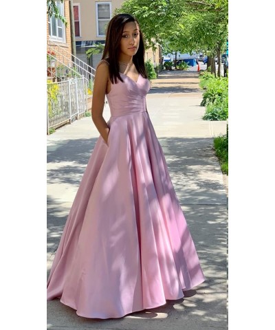 Women's Spaghetti Straps Satin Prom Dresses with Pockets V Neck Pleated Formal Evening Ball Gowns Lavender $43.99 Dresses
