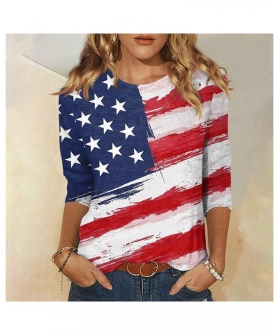 4Th of July Shirts Women 3/4 Sleeve Crewneck Cute Patriotic Shirts Casual Print Three Guarter Length T Shirt Pullover 03-whit...