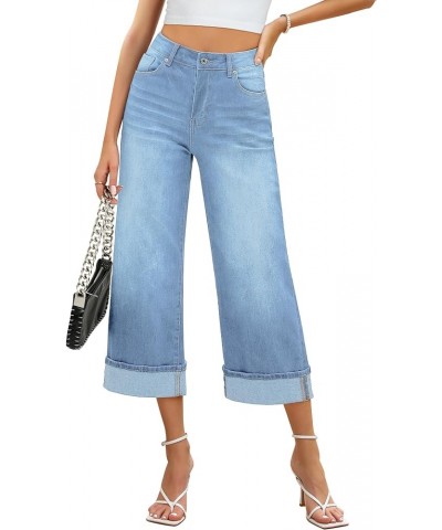 Wide Leg Jeans for Women High Waisted Stretchy Denim Capri Pants Fold Hem Cropped Baggy Capris Jeans with Pocket Roadnight Bl...