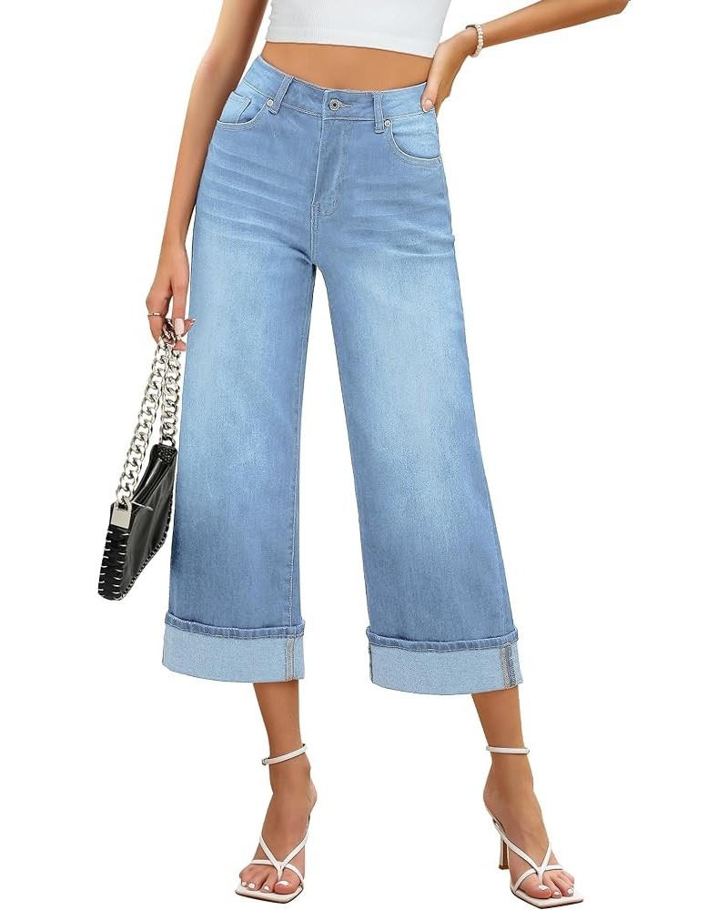 Wide Leg Jeans for Women High Waisted Stretchy Denim Capri Pants Fold Hem Cropped Baggy Capris Jeans with Pocket Roadnight Bl...