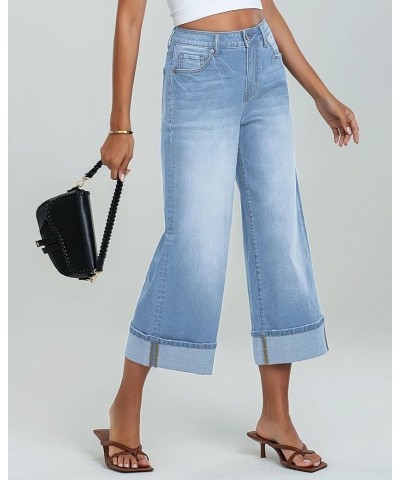 Wide Leg Jeans for Women High Waisted Stretchy Denim Capri Pants Fold Hem Cropped Baggy Capris Jeans with Pocket Roadnight Bl...