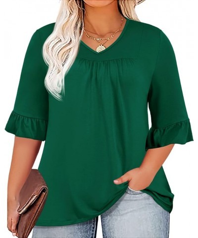 Womens Plus Size Tops 3/4 Ruffle Sleeve Shirt Casual V Neck Pleated T Shirt Loose Fit Tunic Blouse(1X-5X) Green $14.03 Blouses