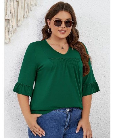 Womens Plus Size Tops 3/4 Ruffle Sleeve Shirt Casual V Neck Pleated T Shirt Loose Fit Tunic Blouse(1X-5X) Green $14.03 Blouses