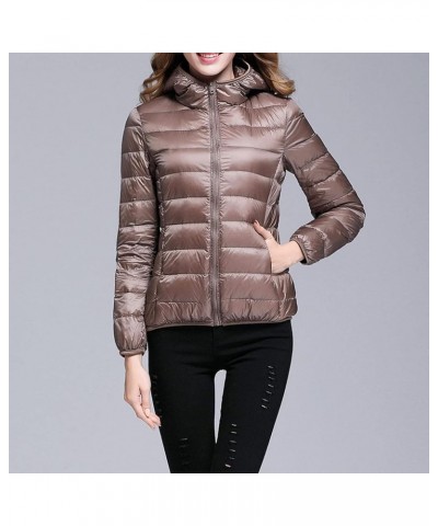 Lightweight Short Puffer Jacket for Women Zip Long Sleeve Packable Hooded Down Coats Slim Winter Cropped Outwear Camel $15.16...