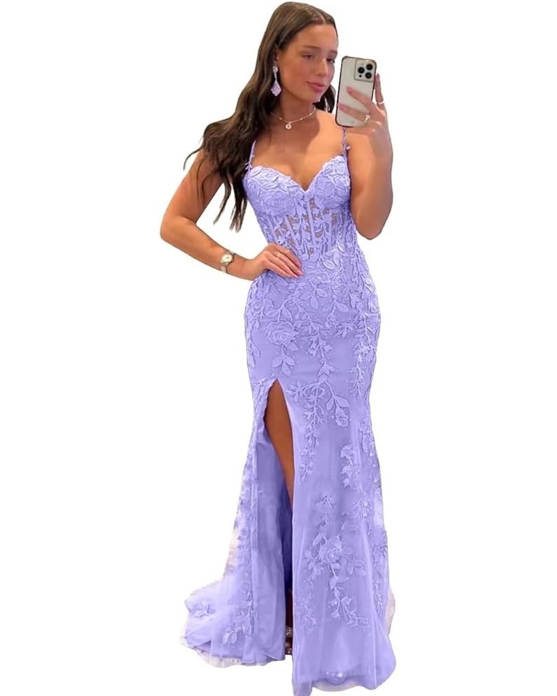 Mermaid Prom Dress for Women Long Tulle V Neck Lace Appliques Spaghetti Straps Formal Evening Party Gowns with Slit Lavender ...