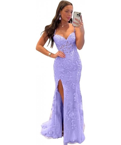 Mermaid Prom Dress for Women Long Tulle V Neck Lace Appliques Spaghetti Straps Formal Evening Party Gowns with Slit Lavender ...