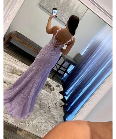 Mermaid Prom Dress for Women Long Tulle V Neck Lace Appliques Spaghetti Straps Formal Evening Party Gowns with Slit Lavender ...