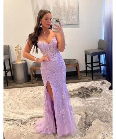 Mermaid Prom Dress for Women Long Tulle V Neck Lace Appliques Spaghetti Straps Formal Evening Party Gowns with Slit Lavender ...